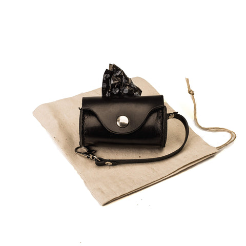 Leather Poop Bag Pouch - Stylish, high quality black leather