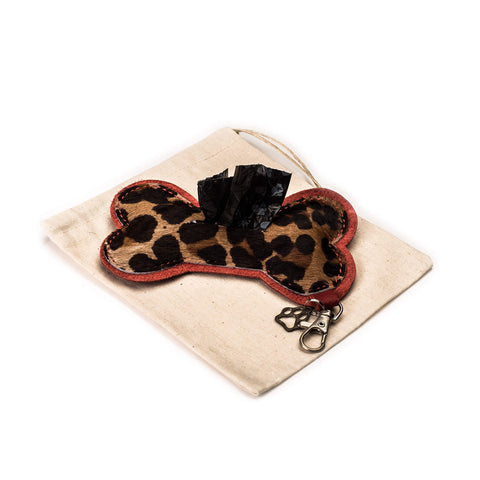 Cowhide poop bag Pouch, Leopard Print with red trim.