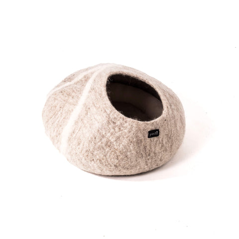 Cocoon Cat Cave, pale grey with white strip made of felt in Nepal.